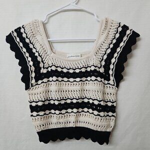 Womens Sz Small Freshman 1996 Cropped Crochet Sweater Black Cream Boho Festival